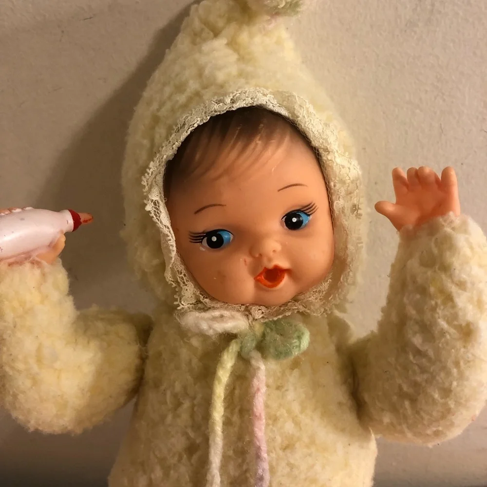 Vintage 13” Baby Doll With Bottle in Fleece Bunting
